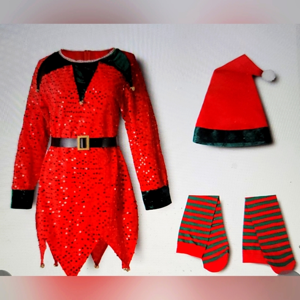NWT GIRLS XL WOMANS SMALL ELF SEQUIN HOLIDAY DRESS SET TINKER BELLS COSTUME